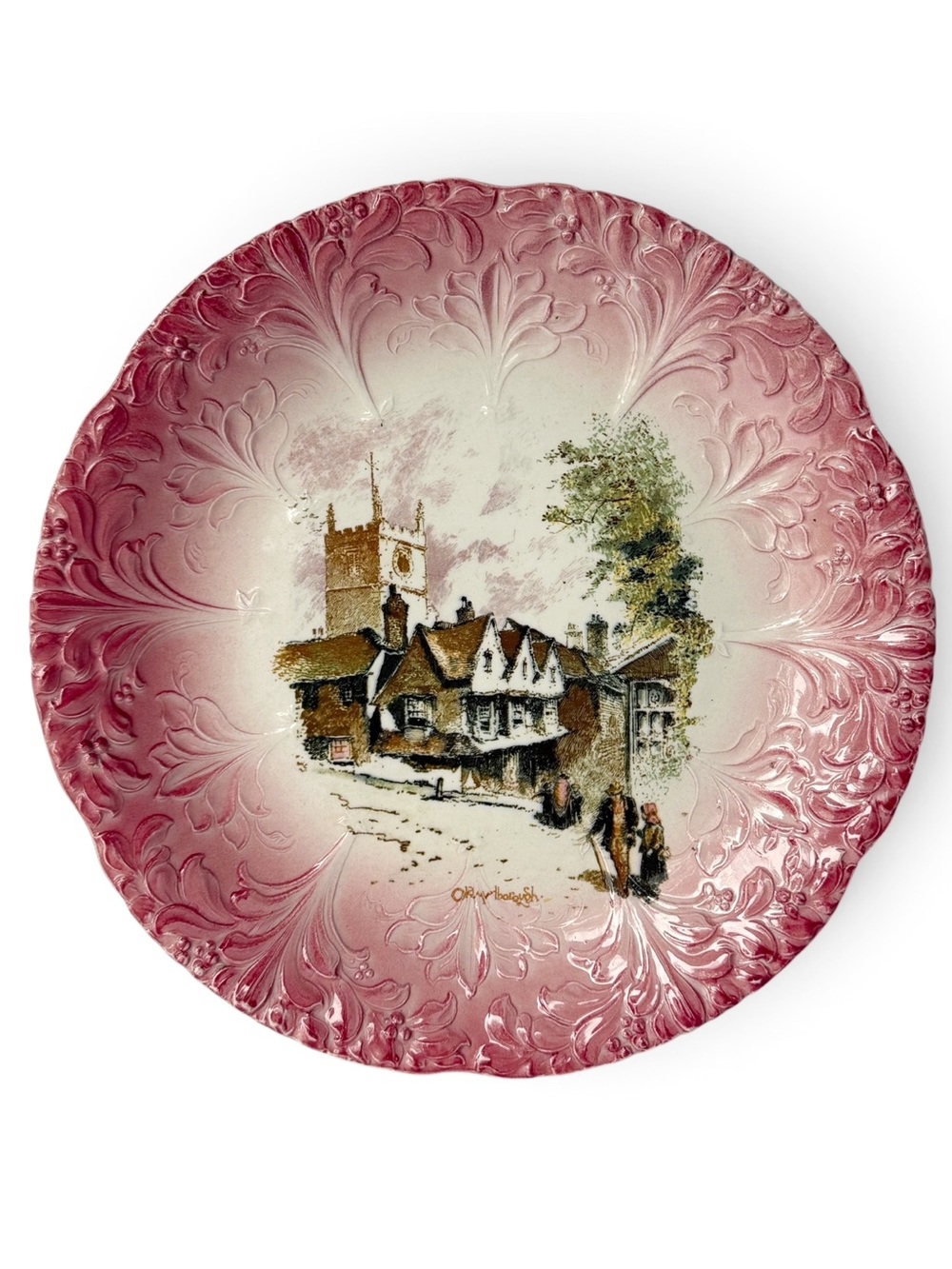 Vintage Ridgways England Coaching Scenes Pink Embossed Decorative Plate 9 5/8”